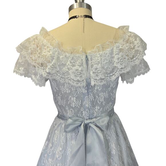 Gunne Sax Vintage 80s Lace Princess Dress Size S Ice Blue Bows Fairy Ruffle - Picture 9 of 12